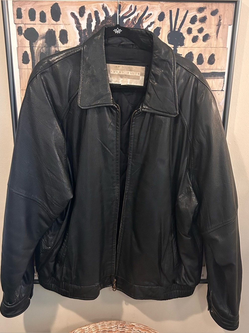 Perry Ellis Men’s XL Black Genuine Leather Bomber Jacket Vintage